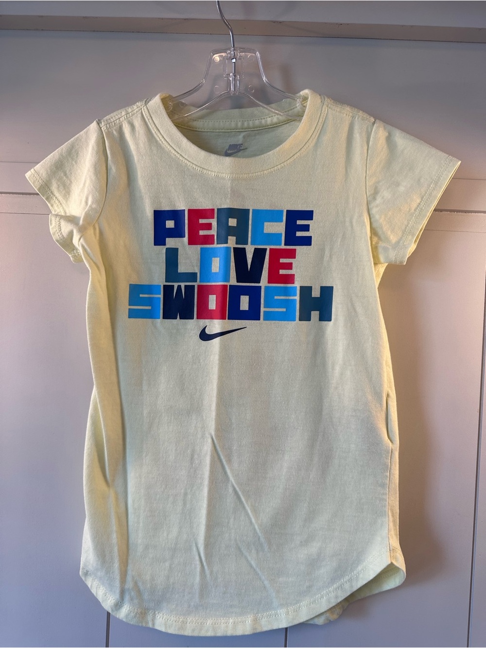 Nike Yellow Tee with Multicolor "Peace Love Swoosh" Graphic